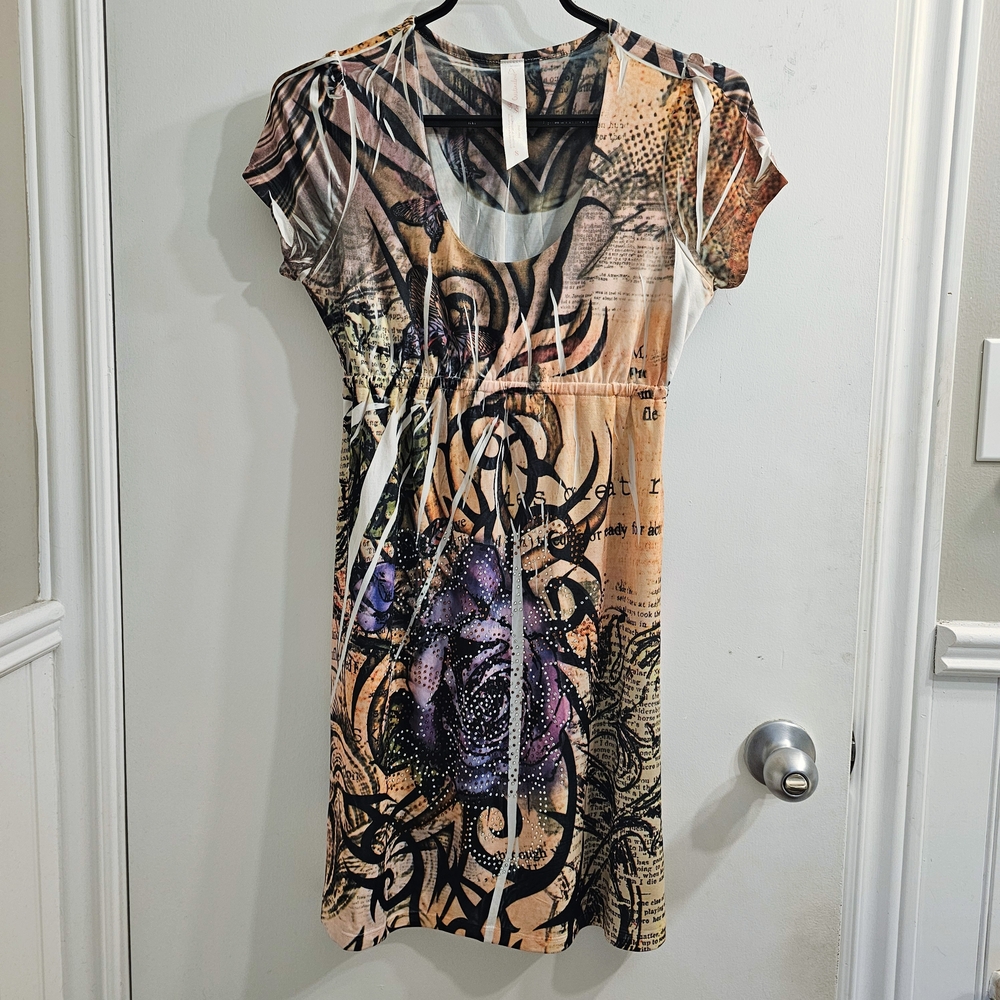 Y2K Graphic Tee Sundress / Long Blouse Tattoo Roses Design Orange & Purple